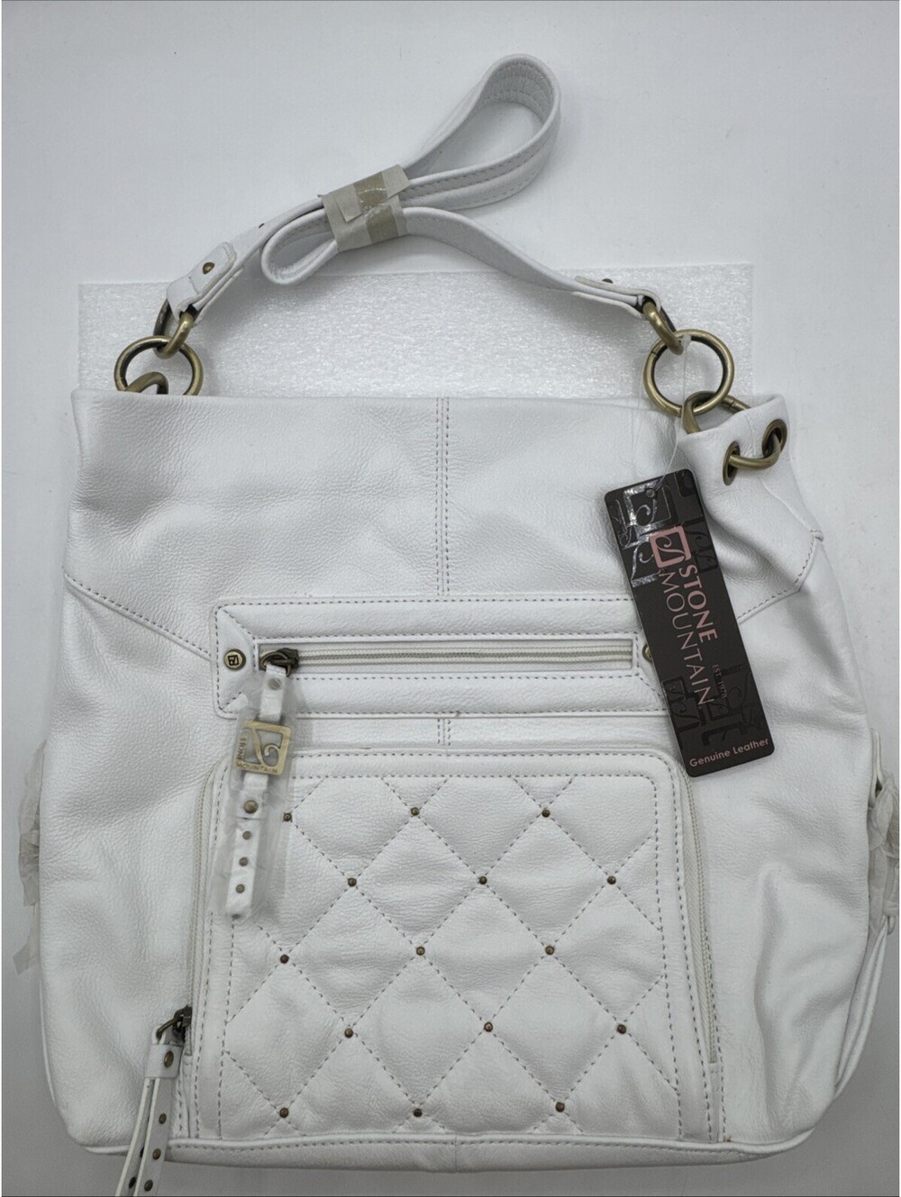 Stone Mountain Studded White Leather Crossbody Purse Bag Gold Hardware New 12x12